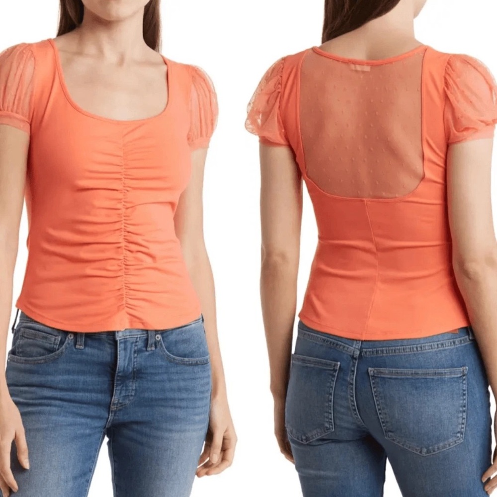 Sz L Free People Coral Puff Sleeve Blush Up Blouse NWOT $40 MSRP